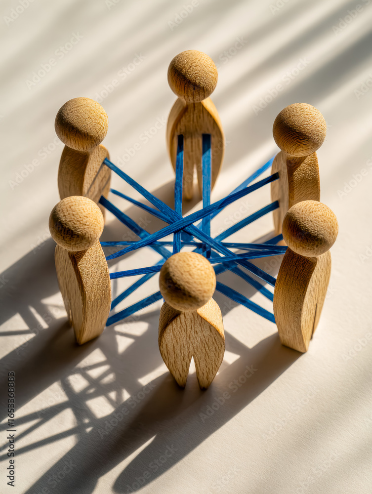 Poster wooden figures connected by blue strings forming a symbolic network or connection
