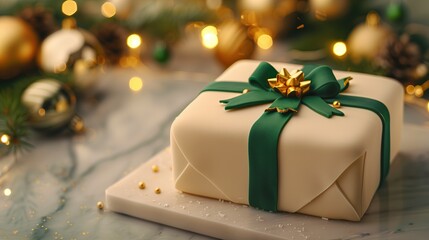 photorealistic Christmas cake designed as a wrapped gift box, decorated with rich emerald green and elegant gold fondant ribbon and bow, smooth glossy icing, luxurious texture