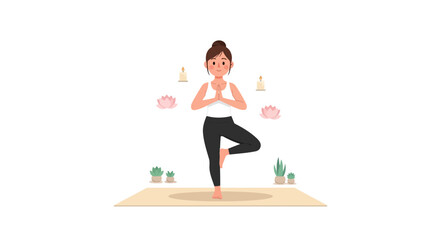 A fair-skinned woman with a bun performs a Tree Pose, also known as Vrikshasana, on a mat, with her hands at her chest, surrounded by candles, lotus flowers, and small potted succulents.

