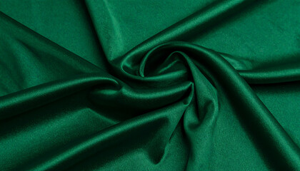 Luxurious Emerald Green Silk Satin Fabric Draped Swirls, Elegant Texture, Rich Deep Color, Smooth Surface, High-Resolution Studio Shot.