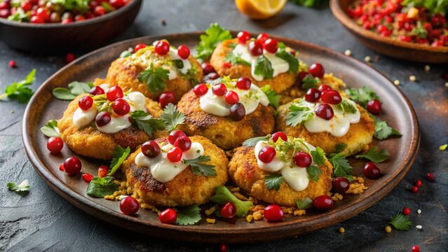 Aloo Tikki Chaat &ndash; Crispy potato patties with yogurt, chutneys, sev, pomegranate, coriander topping