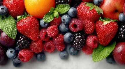 Obraz premium Berries, oranges, blueberries, raspberries, strawberries arranged on white background