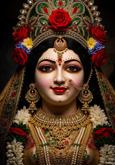 Traditional Durga Close-Up With Green Attire And Jewels