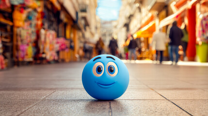 Happy blue ball with expressive eyes in a lively market street