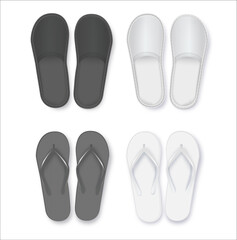 Realistic 3d White and Black Blank Empty Flip Flop Closeup Isolated on White Background. Design Template of Summer Beach Flip Flops Pair Mockup. Vector