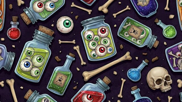Spooky Halloween pattern with jars of eyeballs, potions, and scattered bones on a dark background.