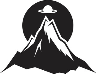 Alien spacecraft hovering over mountain peaks silhouette isolated on white background