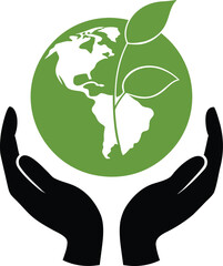 Silhouette of hands holding the earth with a growing plant isolated on white background