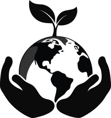 Hands protecting the earth with a growing plant silhouette isolated on white background