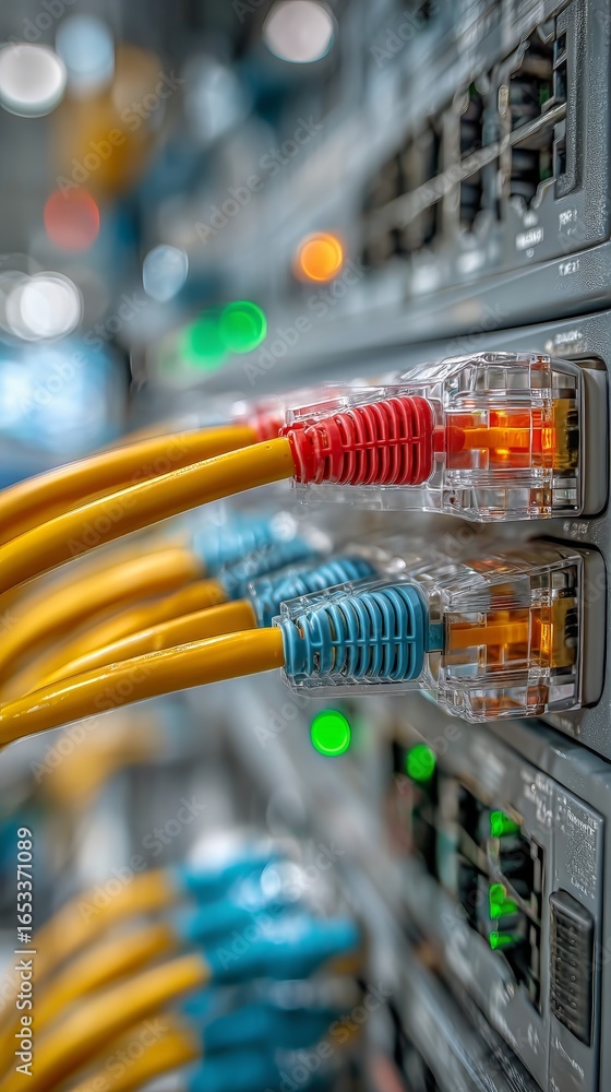Aufkleber network cables connected to a server in a data center during a bright daytime setup