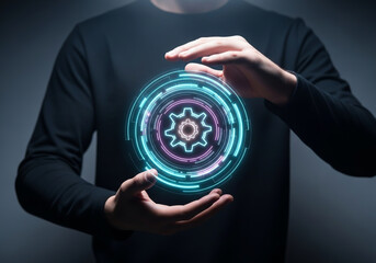 Man holding glowing futuristic gear interface with digital technology elements