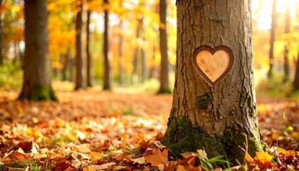 Heart carving on tree trunk captures the essence of autumn in a peaceful forest setting