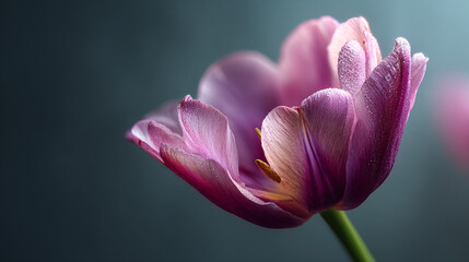 Fototapeta premium Tulip blooms in soft light, highlighting delicate petals. Ideal for web, design, marketing, or editorial use.