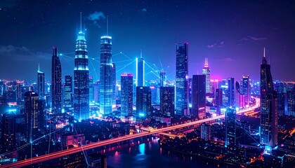 Vibrant cityscape at night, futuristic network