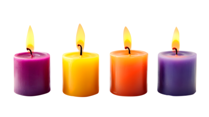 Four colorful votive candles burning on white background isolated on a transparent background