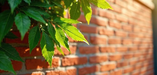 Sunlit green leaves cast shadows on a textured red brick wall. This close-up nature background combines organic foliage with architectural elements, creating a summery, outdoor scene.