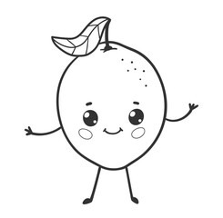 Vector illustration of a happy lemon fruit character in black and white line art with leaf and smiling face.