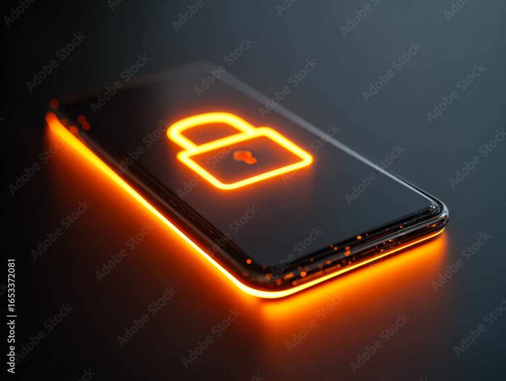 Poster smartphone with illuminated unlock icon and glowing edges on dark background