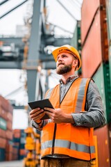 A construction worker wearing an orange safety vest and hard hat stands at a busy shipping port. He uses a tablet to monitor cargo activities and ensure safe operations among towering containers