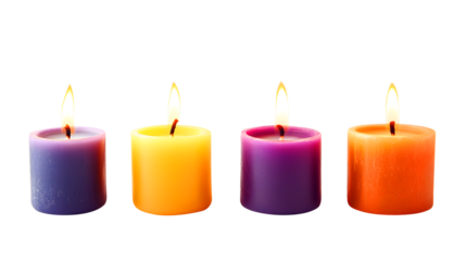 Four colorful lit votive candles on white background isolated on a transparent background