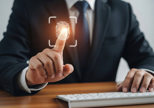 Businessman uses fingerprint scanner for digital security and authentication