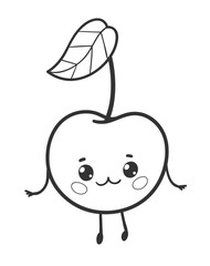 Vector illustration of a cute cherry fruit character in black and white line art style.