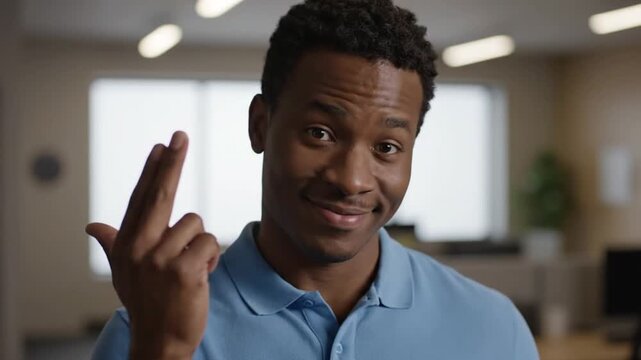 Confident man making a finger gun gesture in an office