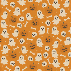 Seamless Cute Halloween Pattern with Ghosts, Pumpkins, Skulls, and Bones on Orange Background