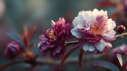 Two pink and white camellia flowers bloom in garden. Soft, romantic style for web, editorial, design, and marketing.