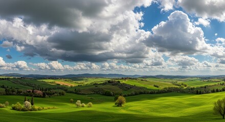 Obraz premium Tuscan countryside with green rolling hills and dramatic clouds
