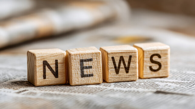 Wooden blocks spelling "news" on a newspaper background for media or information concept