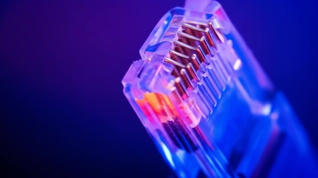 Close-up of Ethernet Network Cable with Neon Blue and Purple Light &mdash; Futuristic Technology Concept