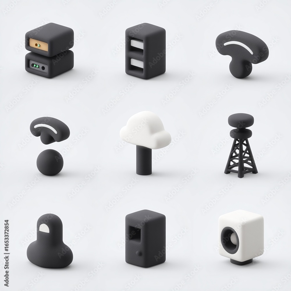 Poster a grid layout featuring various 3d black and white abstract shapes including devices and icons.