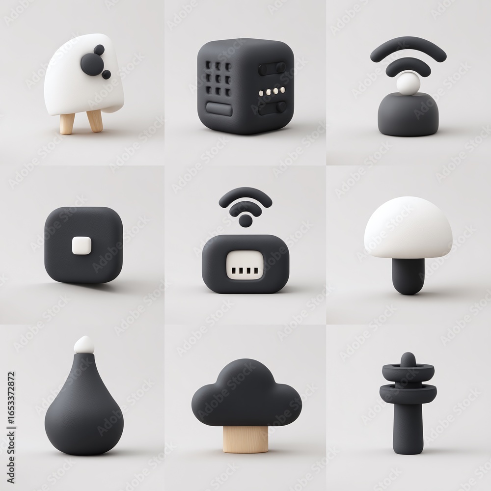 Aufkleber a collection of minimalist 3d render designs featuring various shapes and forms in black and white c