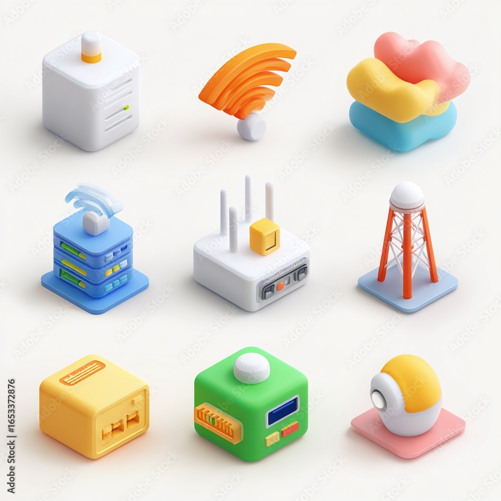 Poster a colorful 3d render showcasing various technology-inspired icons in a playful design.