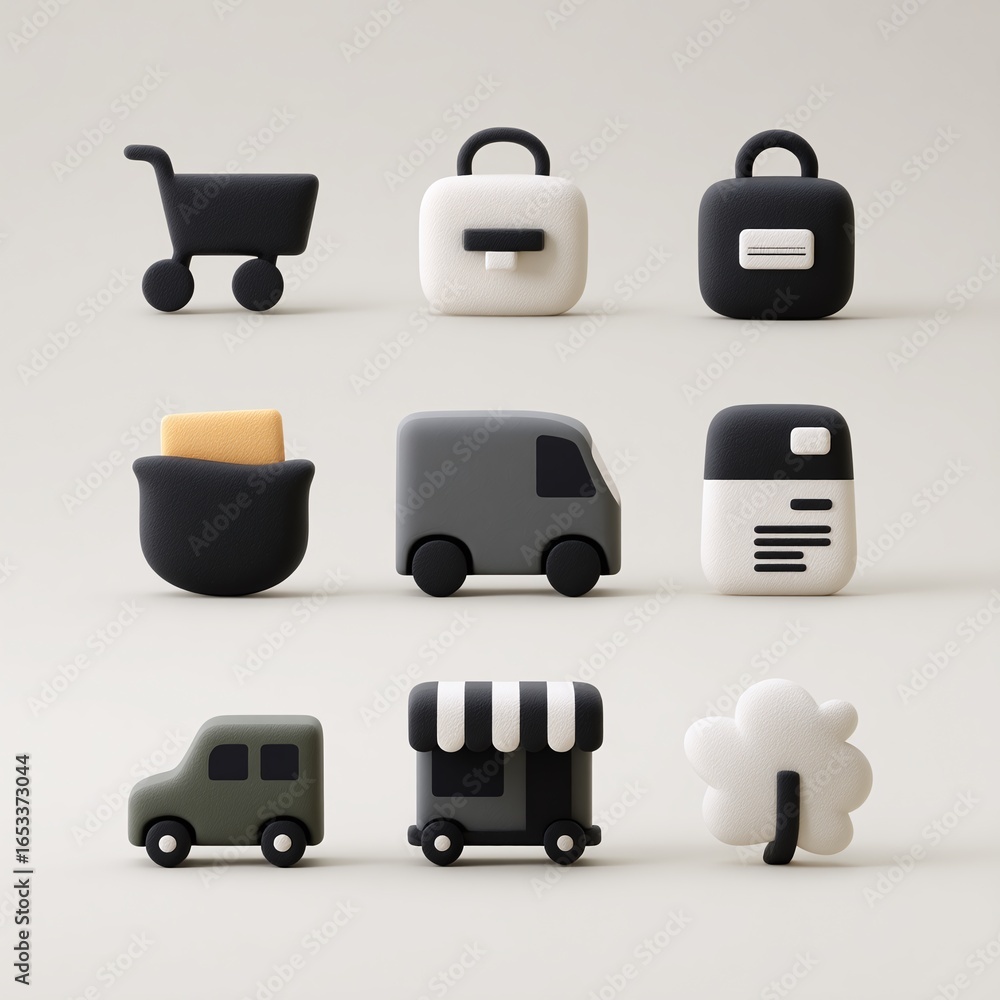 Aufkleber a collection of minimalist 3d icons featuring various vehicles and objects on a light background.