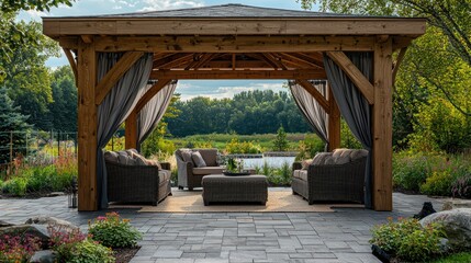 Obraz premium Rustic outdoor gazebo with comfortable seating