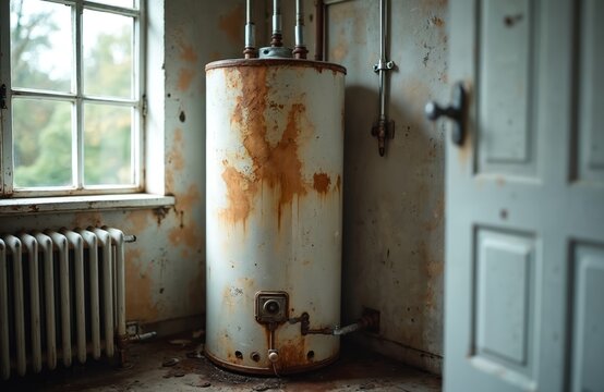 Dilapidated water heater tank shows heavy rust, corrosion. Old domestic appliance needs repair, maintenance for hot water system. Visible scale buildup, worn metal, orange stains indicate breakdown,