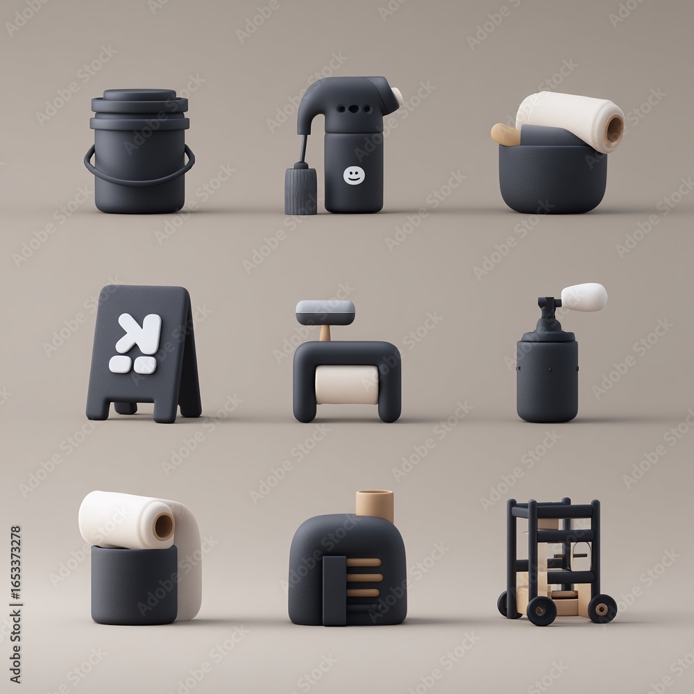 Poster a collection of minimalist 3d black objects including containers and tools against a beige backgroun