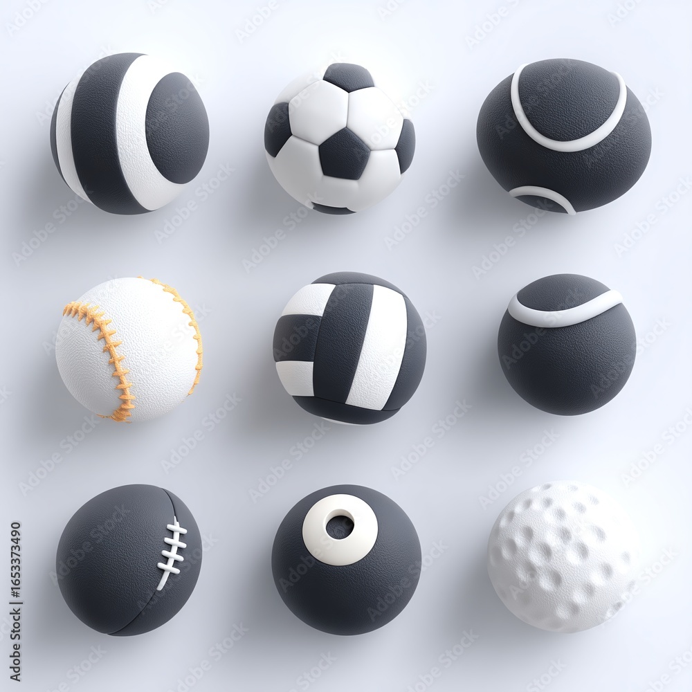 Aufkleber a collection of sports balls displayed in a grid, featuring different textures and patterns in black