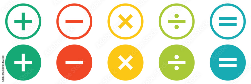 Poster addition, subtraction, multiplication, division, equal sign, icon symbol. mathematical signs icon fo