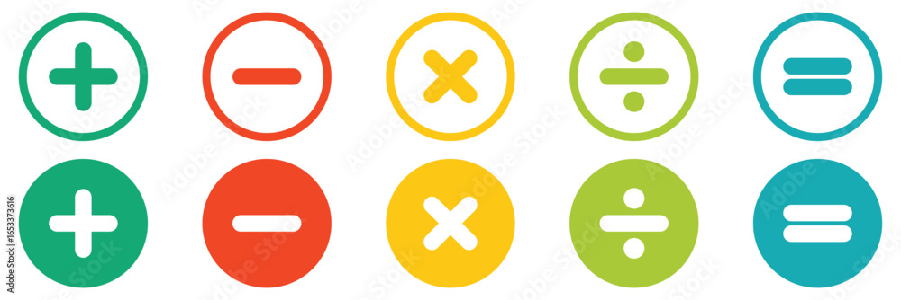 Poster addition, subtraction, multiplication, division, equal sign, icon symbol. mathematical signs icon fo