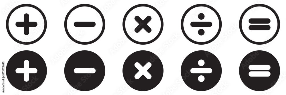 Poster addition, subtraction, multiplication, division, equal sign, icon symbol. mathematical signs icon fo