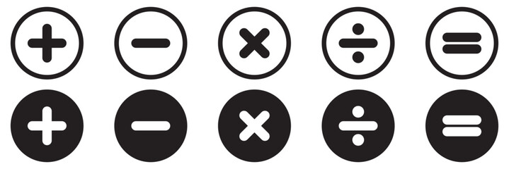 Addition, subtraction, multiplication, division, equal sign, icon symbol.  Mathematical signs icon for web design. Simple vector. Plus, minus, multiply, equal and divide sign. Calculator icon. 