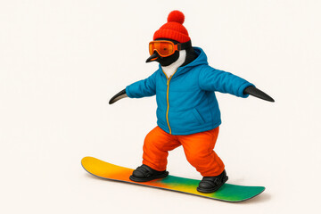 A penguin in winter clothes is snowboarding. Space for text.
