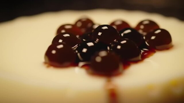 Close-up of dark tapioca pearls on a pale yellow dessert