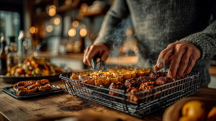 Naklejka premium Man in sweater serving roasted vegetables and meats on hot steaming tray in warm kitchen .Generated with AI
