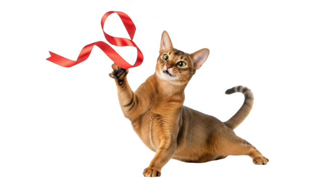 Playful Abyssinian cat reaches for red ribbon, perfect for pet care, gifts, or holiday themes with fun and joy