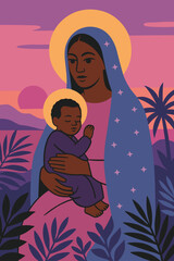 Madonna and Child in Tropical Foliage &mdash; Modern Flat Christian Icon of the Virgin Mary holding a sleeping child, framed by tropical leaves and hibiscus with a soft halo. Ideal for church materials