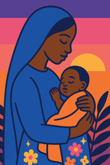 Madonna and Child in Tropical Foliage &mdash; Modern Flat Christian Icon of the Virgin Mary holding a sleeping child, framed by tropical leaves and hibiscus with a soft halo. Ideal for church materials